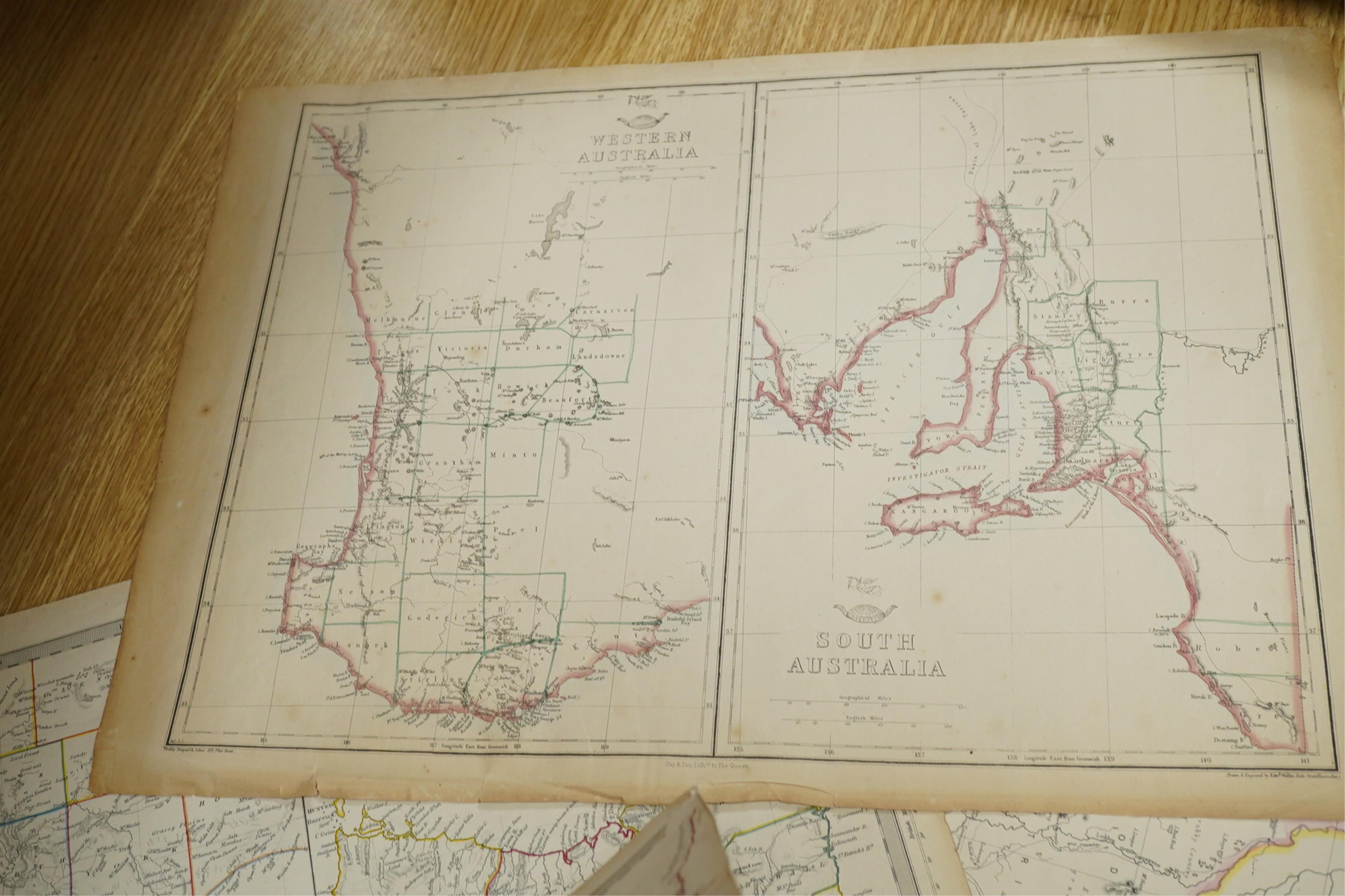 A collection of 19th century engraved maps to include Western Australia, Tasmania and New South Wales, unframed, largest 42 x 35cm. Condition - some foxing and discolouration